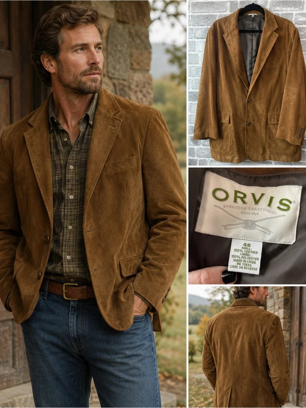 Orvis 100% Leather Sport Coat Blazer Mens 46 Brown Western Cowboy Ranch Jacket